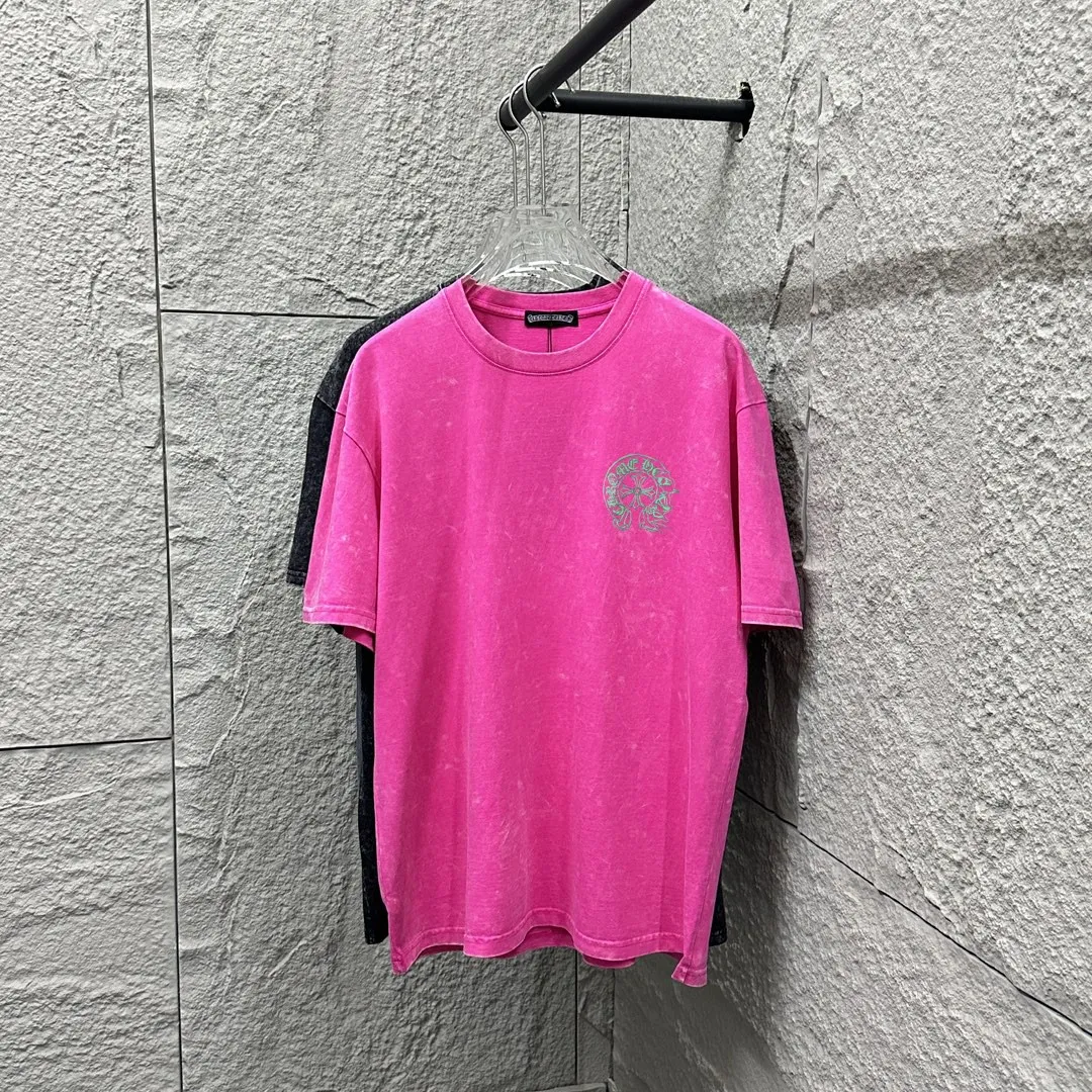 🅿️180 CH* Crow Heart* 2025 spring and summer new style Snowflake distressed washed retro round neck short sleeves Chest and front logo Horseshoe print Customized fabric Short-sleeved T-shirt Unisex Size: S M L XL XXL Color: Snowflake Black Snowflake Gray Snowflake Pink Snowflake Blue